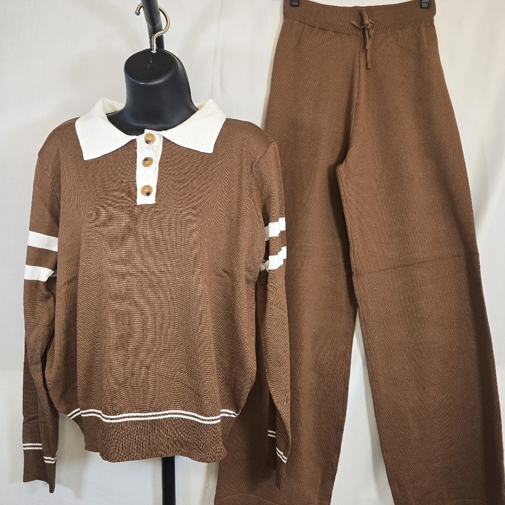 Elegant Brown Women's Pantsuit with White Details